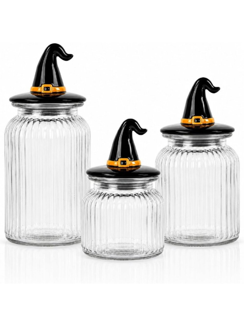 3-Piece Halloween Glass Jar Set with Witch Hat Lid - Airtight Candy Storage
